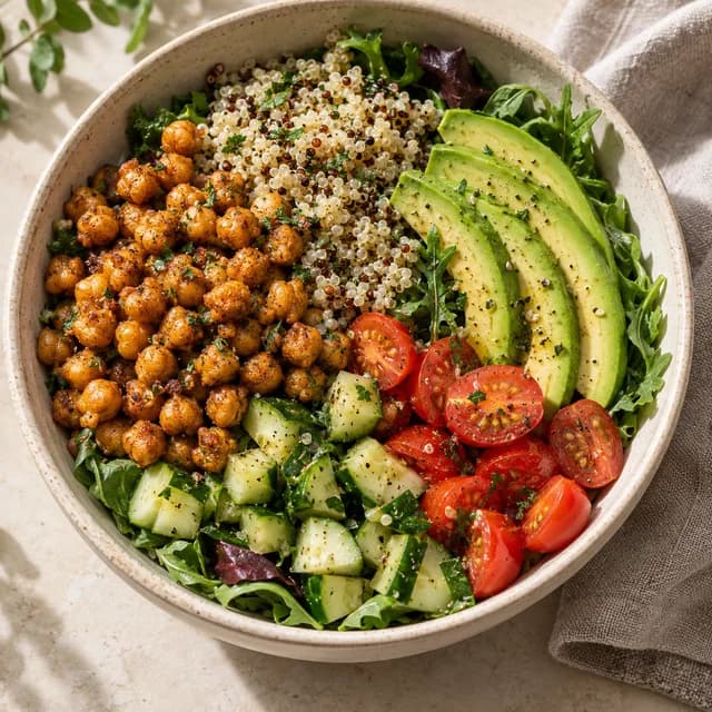 Eksempel på frokost: en skål med kikærter, grøntsager og quinoa.